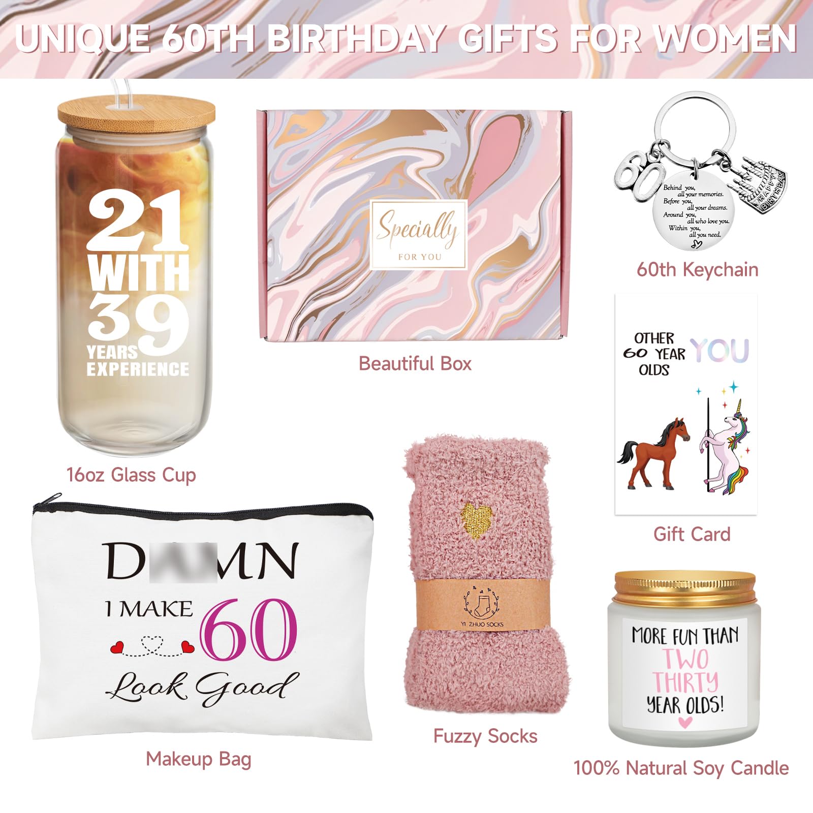 60th Birthday Gifts for Women, Funny 60th Birthday Gift Ideas, 21 with 39 Years Experience, Unique 60th Birthday Gifts for Her, Happy 60 Birthday Gifts, Gifts for 60th Mom Sister Friend Coworker