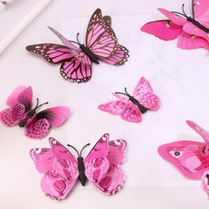 Tupalizy 12PCS Double Wings 3D Butterfly Wall Stickers Decals DIY Art Crafts Decorations for Windows Refrigerator Bedroom Classroom Bathroom Home Office Birthday Party Decor(Pink)