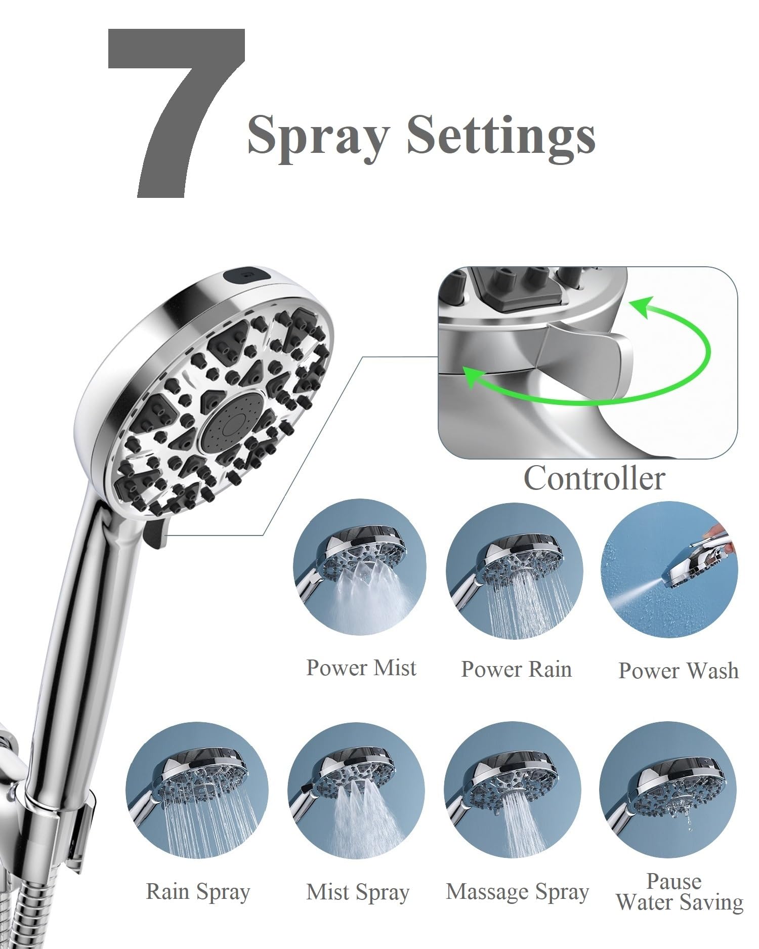 BOWGER Shower Head with Handheld High Pressure Multi-Function 7 modes, Built-in Power Wash to Clear Tub, Tile & Pets, 5” High Flow Hand Held Rain Showerhead with Extra Long Hose and Adjustable Bracket