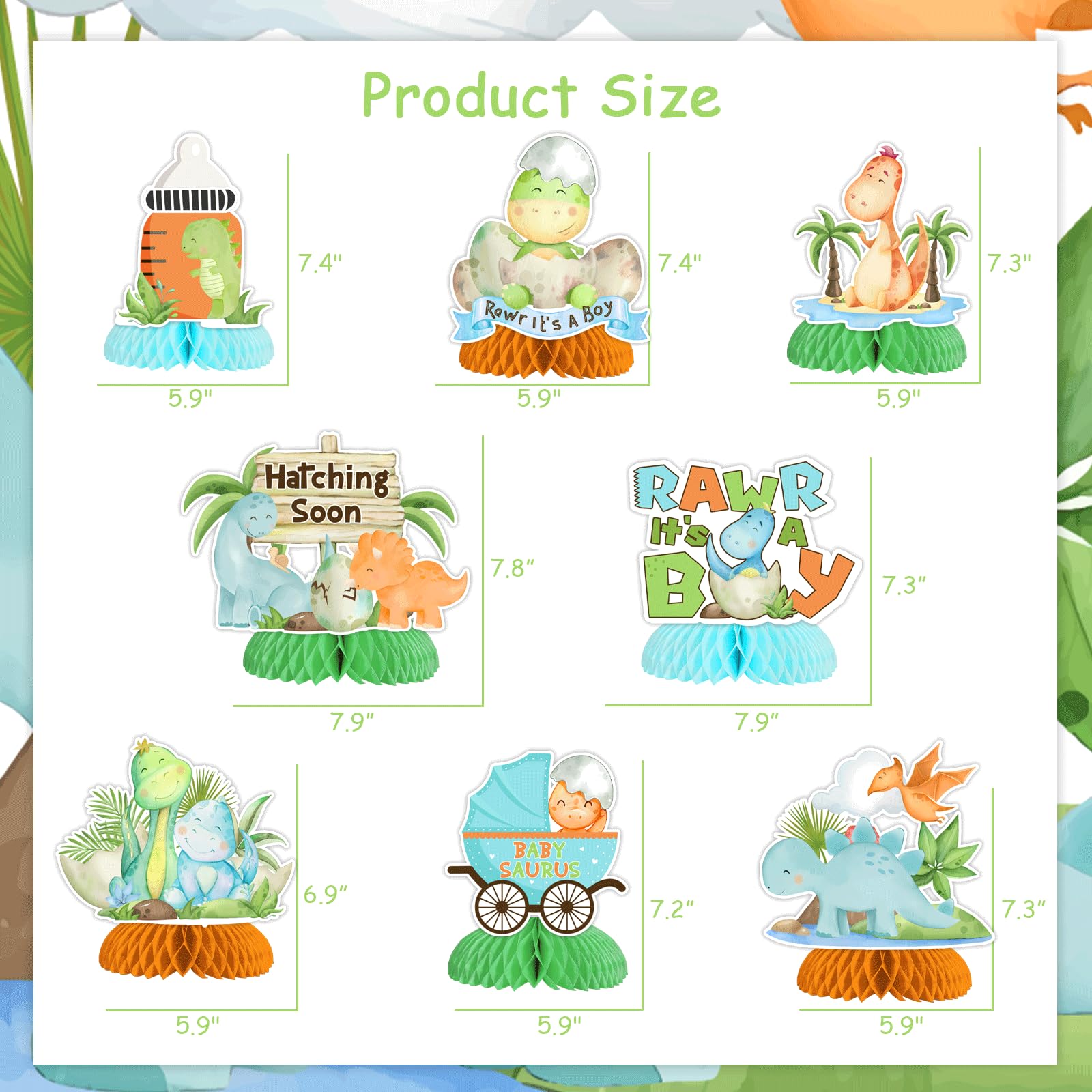 JOYMEMO 8 Pieces Dinosaur Baby Shower Honeycomb Centerpieces for Boys, Hatching Soon Baby Shower Table Decorations, Rawr Its A Boy Dinosaur Themed Party Supplies