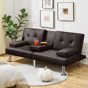 Convertible Folding Futon Sofa Bed Sleeper Couch for Living Room, Modern Faux Leather Upholstered Loveseat w/Removable Armrests, Metal Legs, 2 Cup Holders, Love Seat Sofa Bed for Small Spaces (Brown)