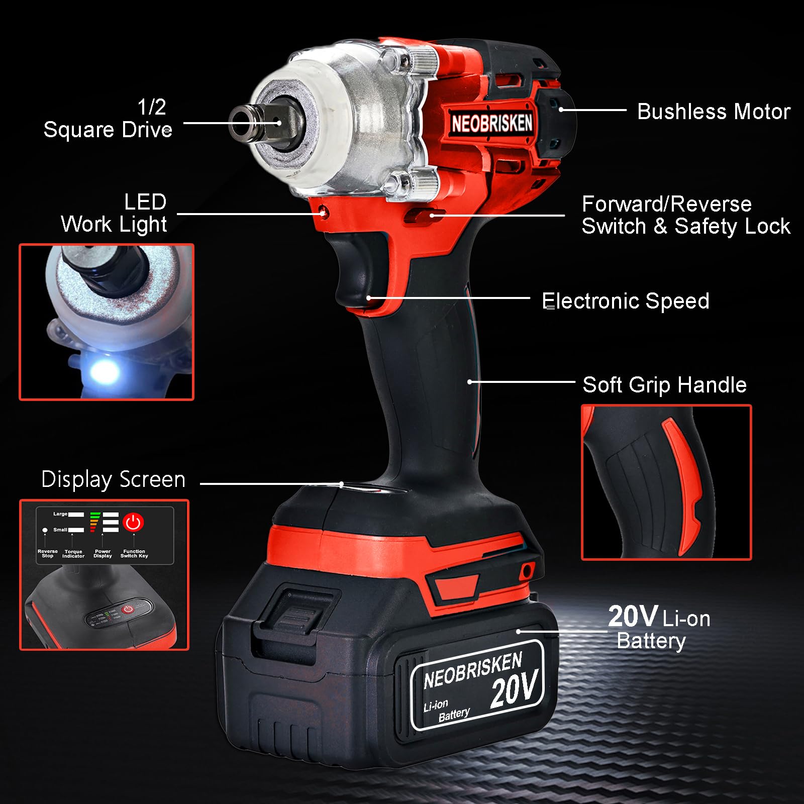 NEOBRISKEN 1/2'' Brushless Lithium Battery Impact Wrench Repair Room or Garage