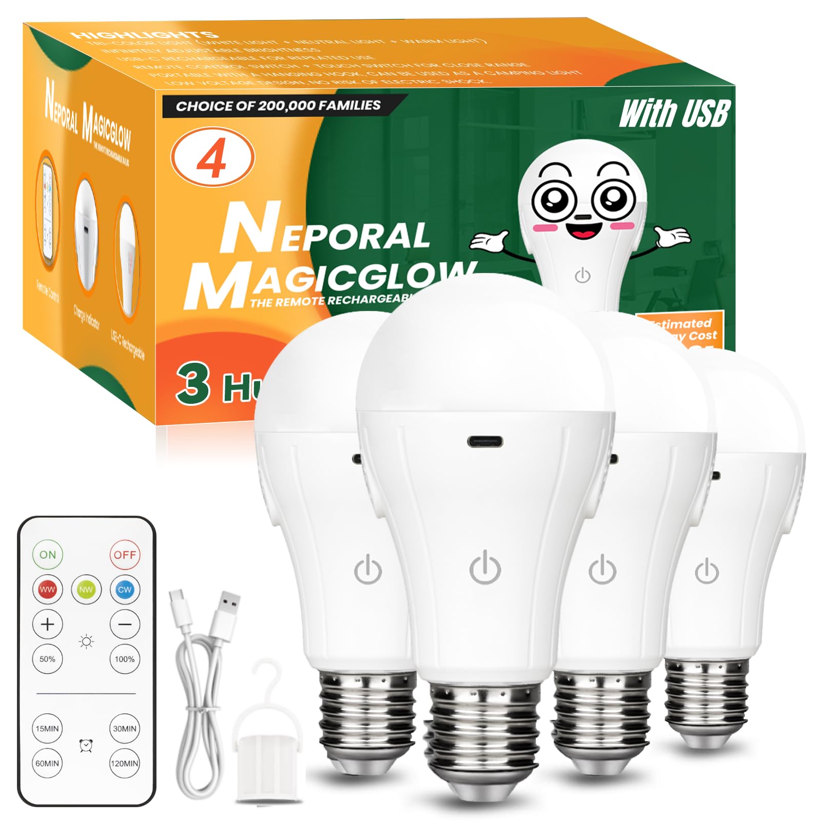 Neporal MagicGlow USB Rechargeable Light Bulbs with Remote, 3-Color Shift + 10%-100% Dimmable, Up to 20 Hours Battery Powered Light Bulb, 15W A19 LED Rechargeable Light Bulbs for Lamps with No Outlet