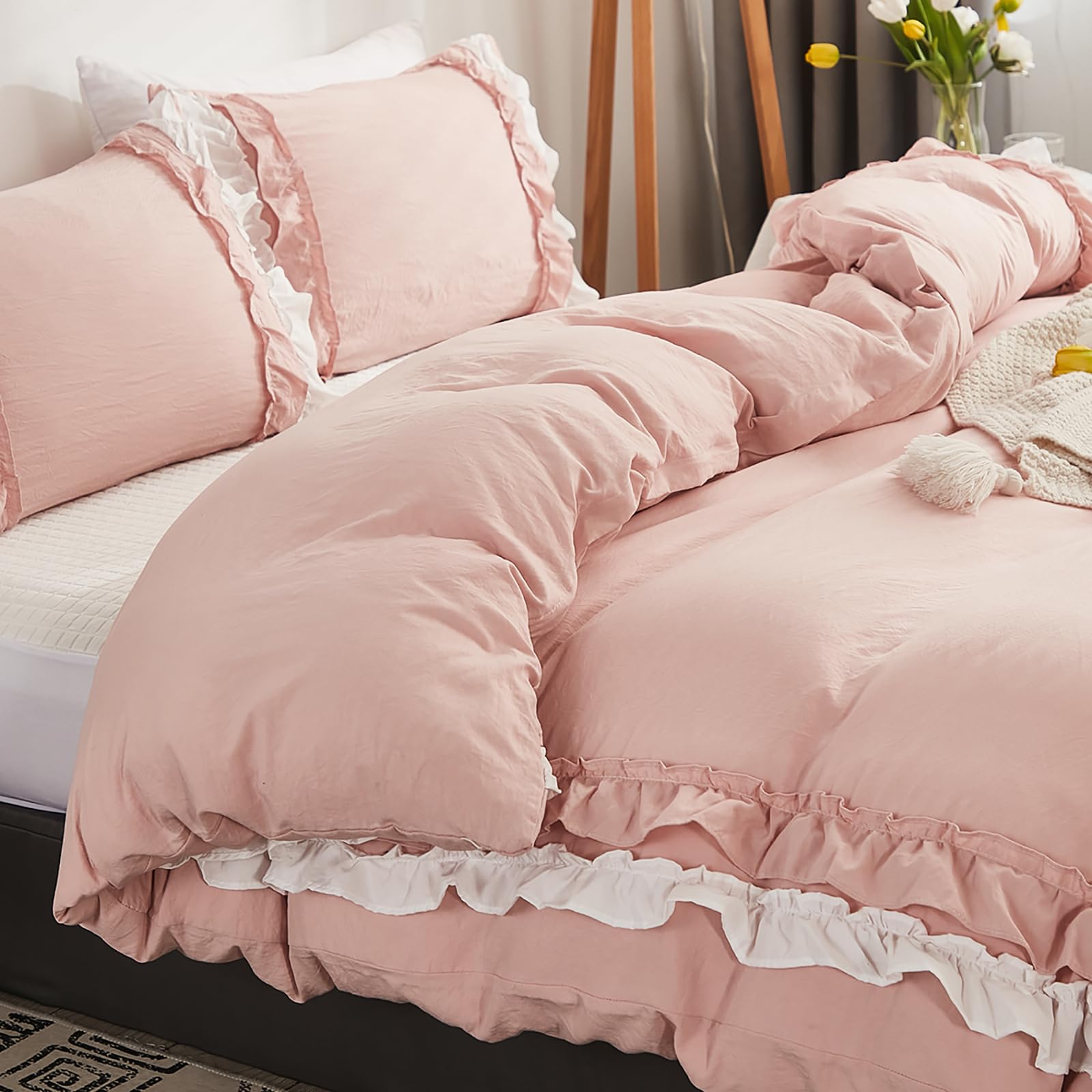 Wotcsil Pink Ruffle Bedding Set for Women Girls Ruffled Full Duvet Cover Set Plain Duvet Cover Shabby Chic Double-Layer Frill Edge Design with Pillowcases, White Pink