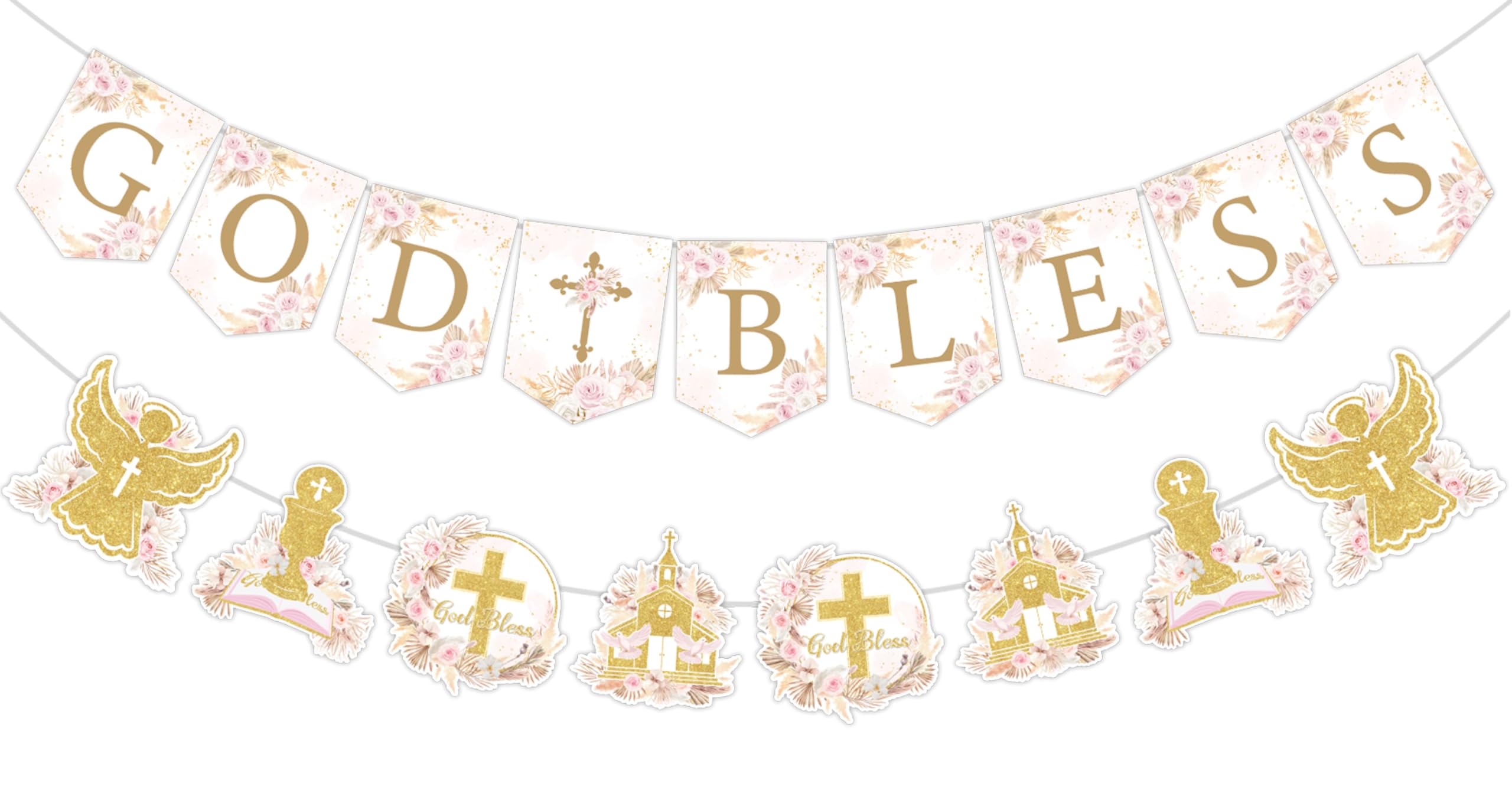 JOYMEMO Pampas Grass God Bless Banner with Baptism Garland - Baptism Decorations for Girls Boho First Holy Communion Christening Girl Shower Bridal Engagement Weddings Party Supplies