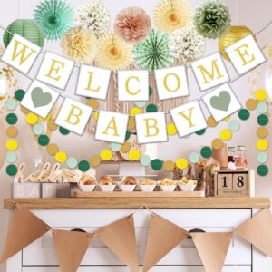 Sage Green Baby Shower Decorations Welcome Baby Banner Olive Green Gold Tissue Pom Poms, Paper Flower, Paper Lanterns, for Boy Girl Neutral Gender Reveal Baby Shower Decor