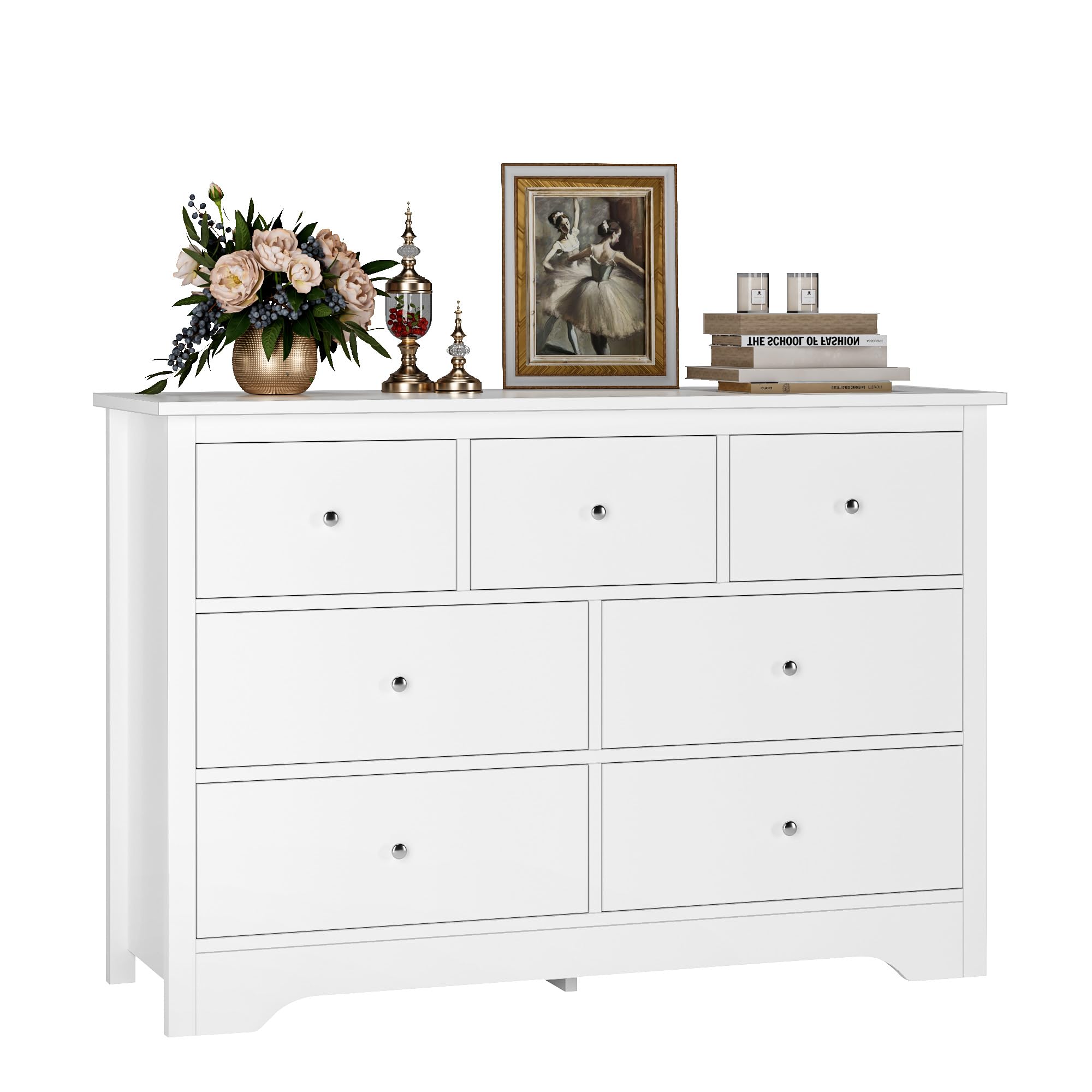 FOTOSOK White Dresser 7 Drawer with 19'' Deeper Depth, 47.2'' White Chest of Drawers Modern Dresser with Metal Handles, White Dresser Chest of Drawers with Large Drawer Storage Space for Home