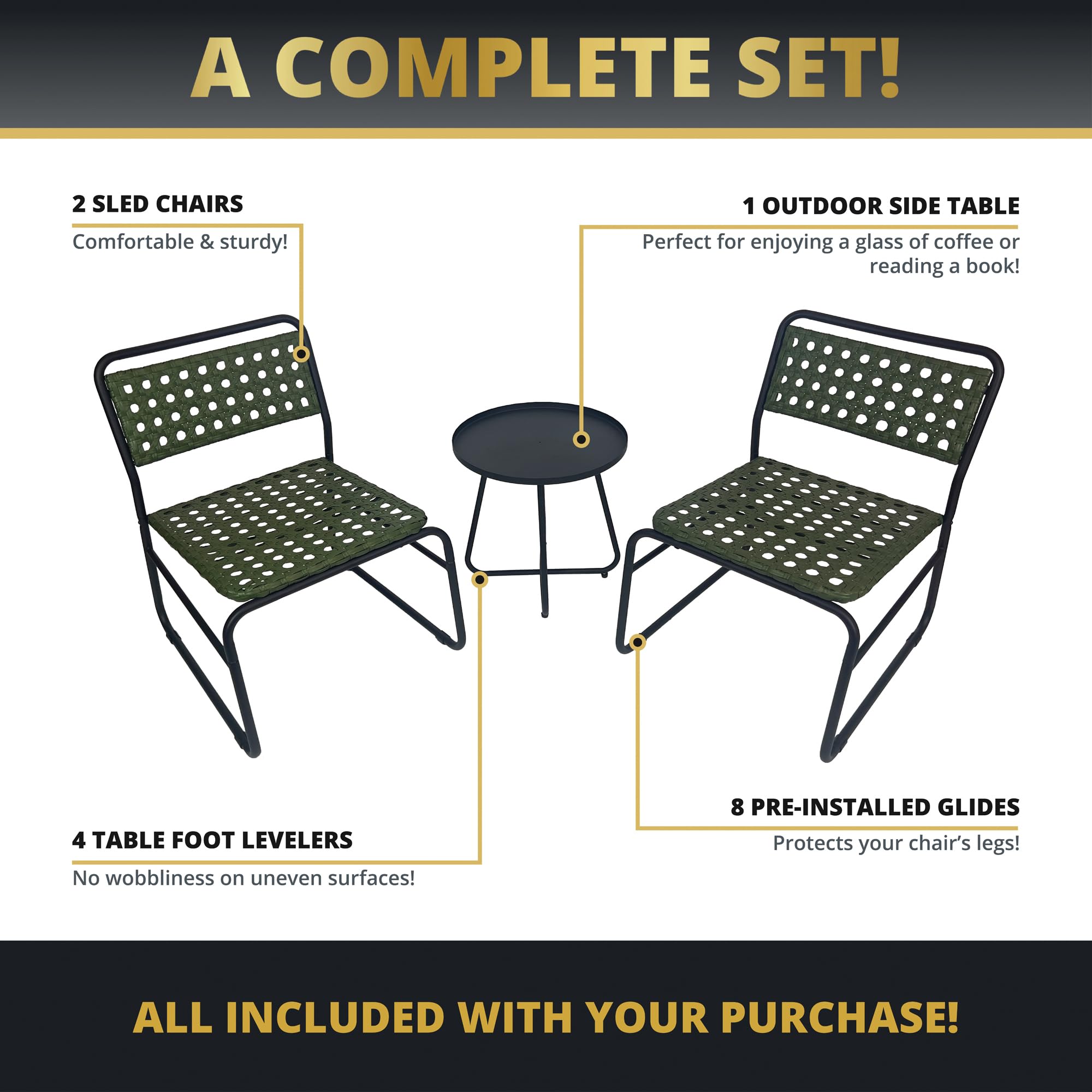 Kinger Home Olive 3-Piece Patio Bistro Table and Chairs Set of 2, Outdoor Wicker Chairs Set with Cast Aluminum Frame, Green