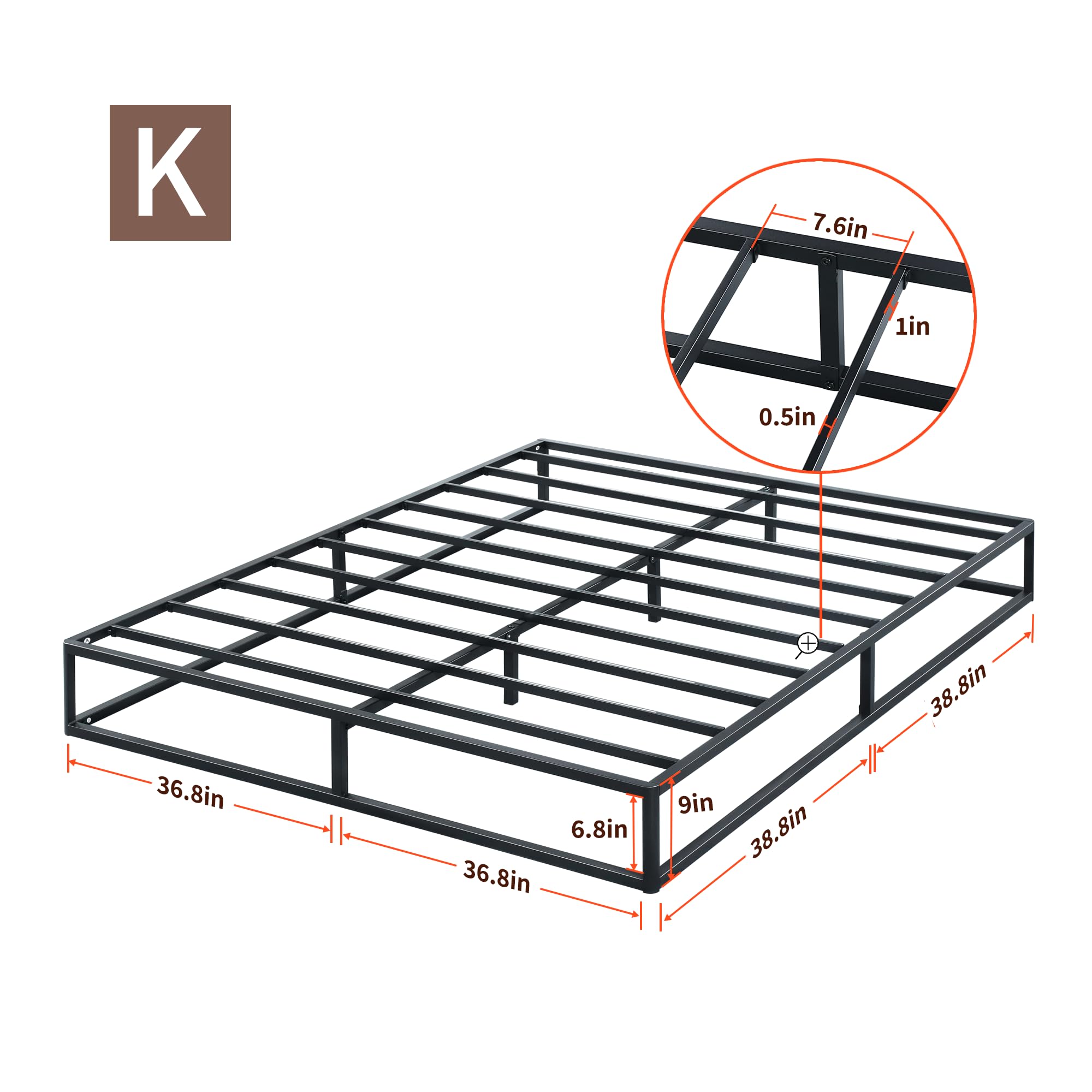 PrimaSleep 9 Inch Modern Metal Bed Frame/Mattress Foundation/Steel Slats/No Box Spring Needed/Sturdy/King Size/Black