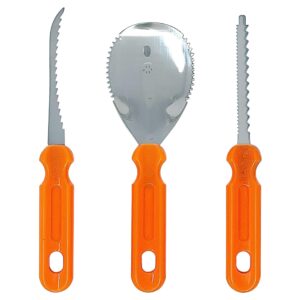 pumpkin carving kit – stainless steel tools including 2 serrated knives and 1 scoop for scraping – professional heavy duty pumpkin carving kit for beginners and pros for halloween door decorations