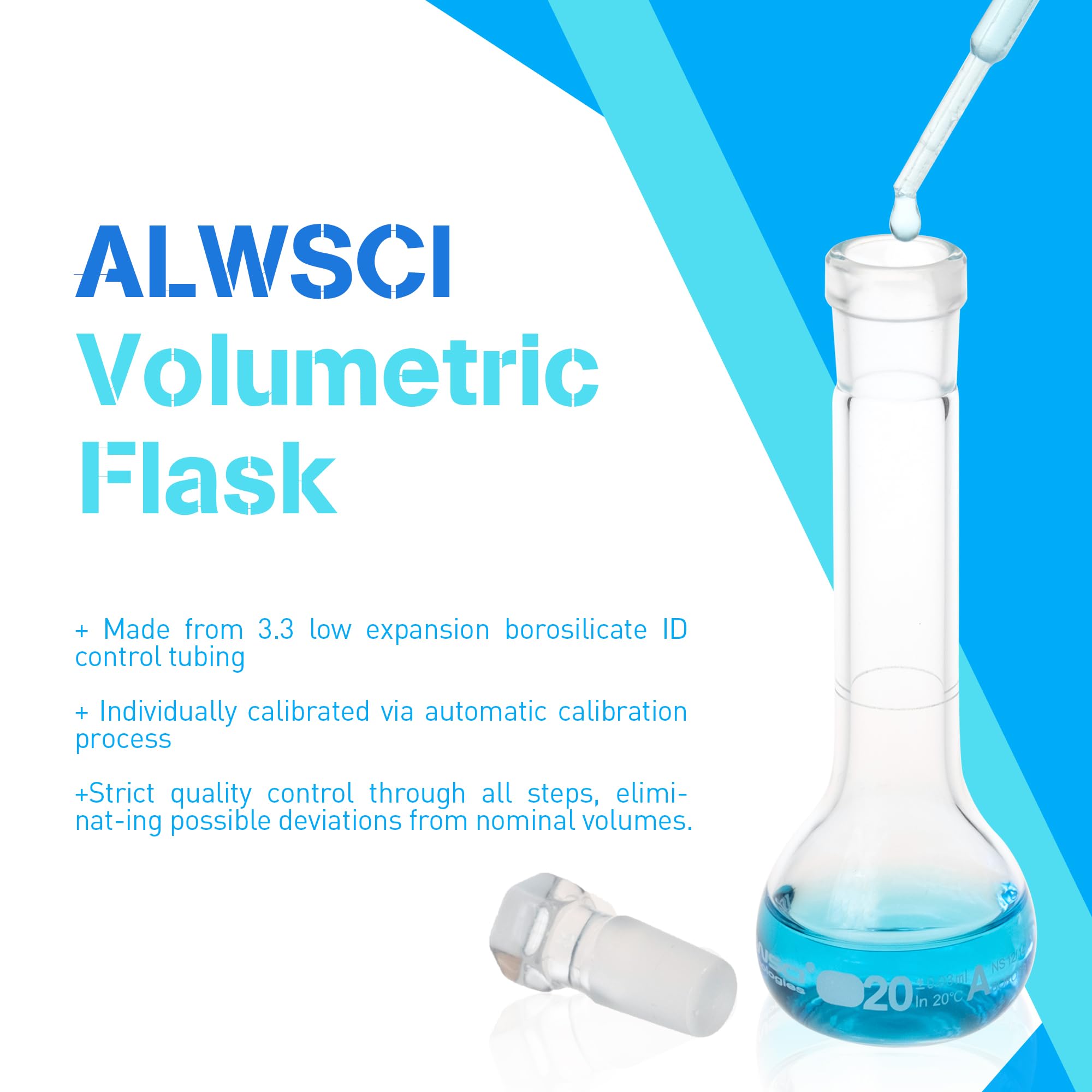 ALWSCI 20 ML Volumetric Measuring Flask Set NS12/14 Glass Stopper, Graduated, ASTM Class A Borosilicate Glass 3.3 for Laboratory, 2 PCS