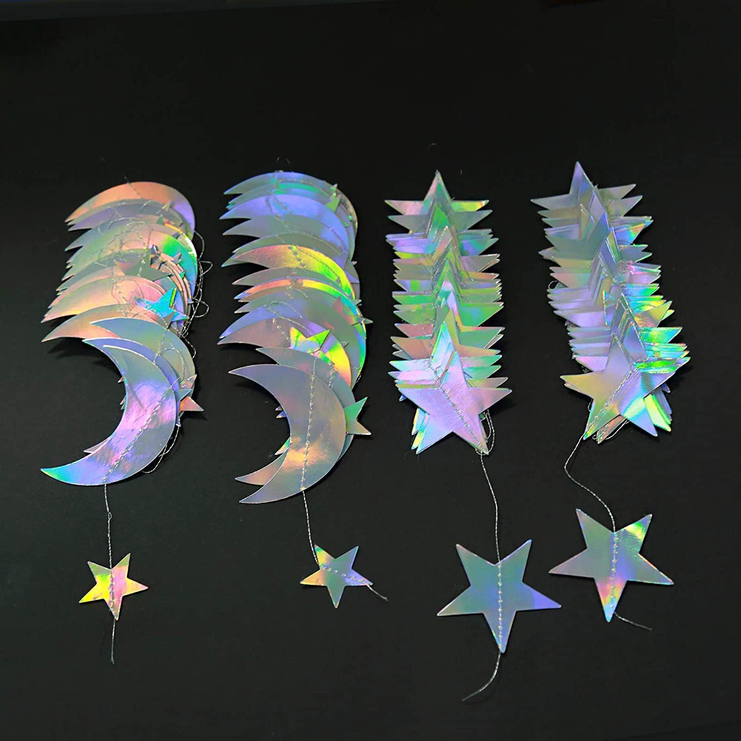 Abien Moon Star Garland Decorations Holographic Hanging Decor Party Streamers Silver Twinkle Star Banner Backdrop for Baby Shower Birthday Wedding Engagement Disco Sparkly Party Decorations 4PCS