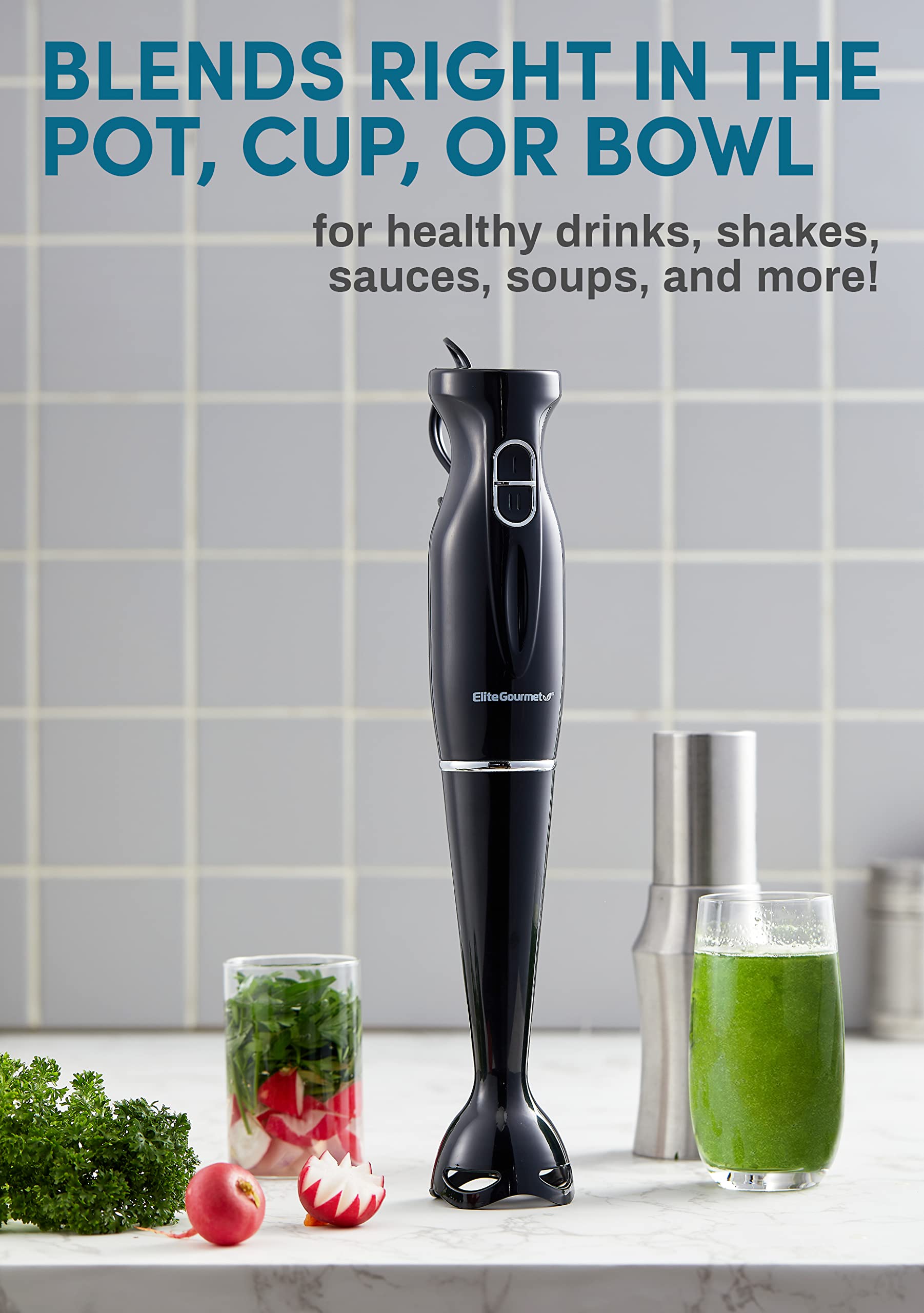 Elite Gourmet EHB3201 Immersion Hand Blender 300 Watts 2 Speed Mixing with Detachable Blades, Detachable Wand Stick Mixer, Smoothies, Baby Food, Soup, Charcoal Black