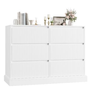 hostack white dresser for bedroom, modern 6 drawer dresser, double dresser chest of drawers with wavy pattern | handleless drawers, wood storage dresser cabinet for living room, hallway, entryway