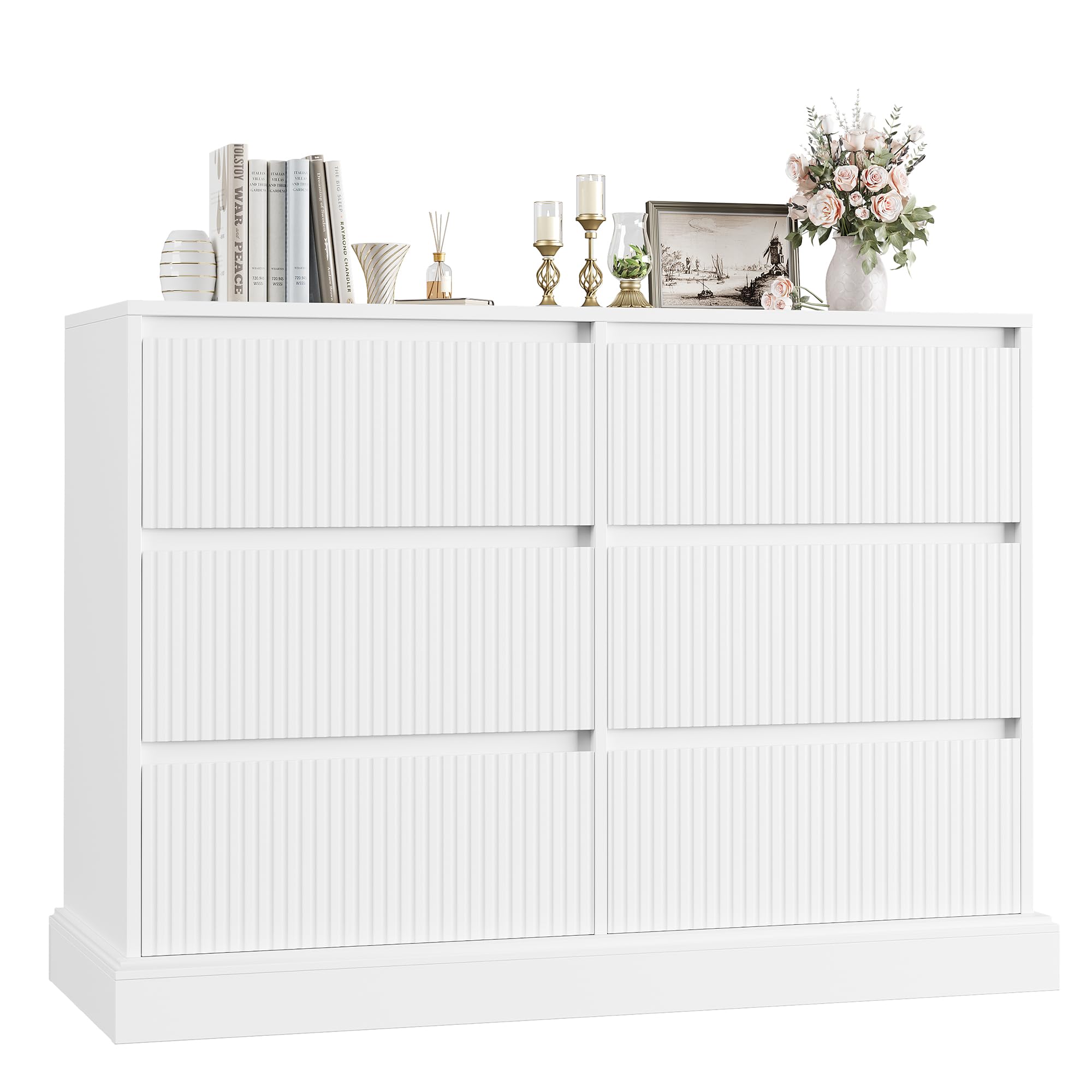 HOSTACK White Dresser for Bedroom, Modern 6 Drawer Dresser, Double Dresser Chest of Drawers with Wavy Pattern | Handleless Drawers, Wood Storage Dresser Cabinet for Living Room, Hallway, Entryway