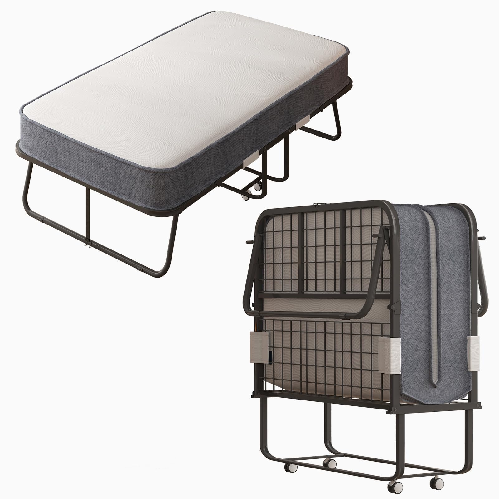 PUREMIND Folding Bed with 4 Inches Mattress, Portable Rollaway Guest Bed for Adults with Metal Frame & Swivel Wheels, Twin Size Foldable Bed Fold Away Bed Space Saving