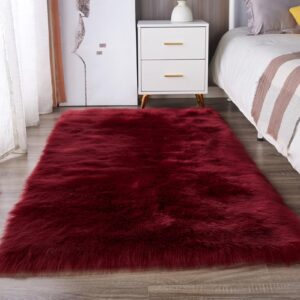 gibz rectangular faux fur rug super soft shaggy solid colour area rugs anti slip carpet for corridor treadmill kids gaming burgundy 30x30cm