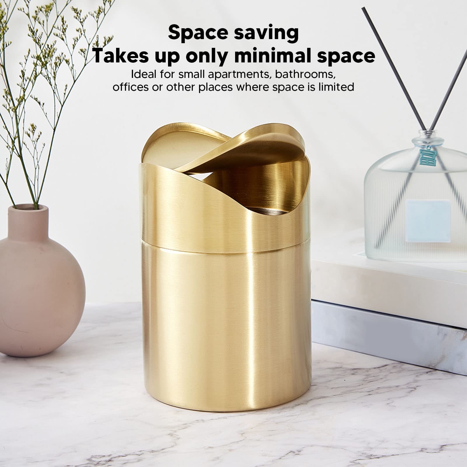 Mini Countertop Trash Can, Stainless Steel Desktop Trash Cans Swing Lid Trash Cans Gold Countertop Trash Bins for Home