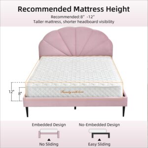 VELOCAVA Pink Bed Frame Full Size, Aesthetic Upholstered Bed with Unique Seashell Headboard, Soft Velvet Platform Bed, Strong Wooden Slats Support, No Box Spring Needed, Heavy Duty, Easy to Assemble