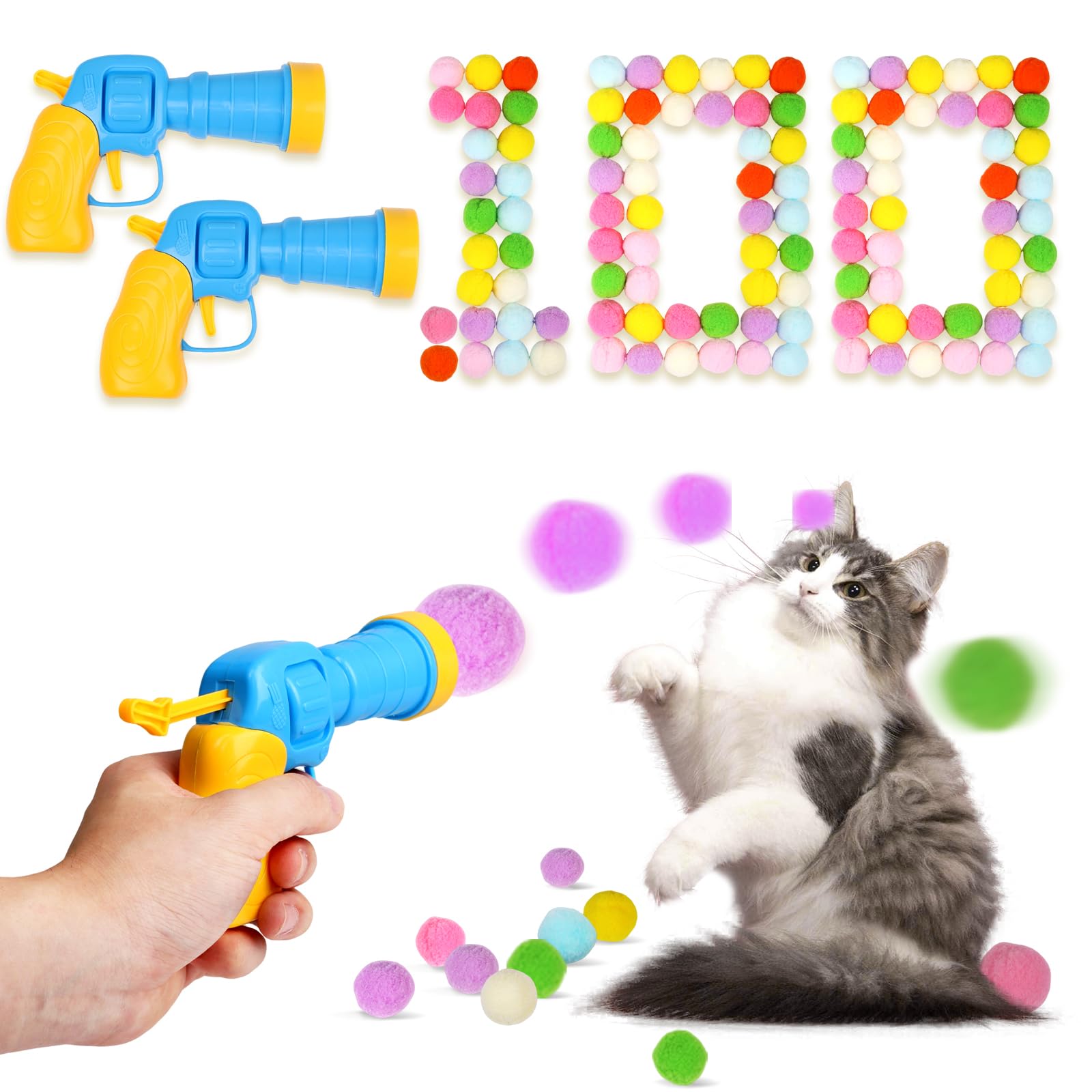 TEAWOO Cat Toy Balls with Launchers Set (2+100), 100 Cat Pom Pom Balls & 2 Cat Toy Ball Launchers (Durable Reinforced Edition), Cat Enrichment Toys, Interactive Cat Toy Balls, Soft & Safe Cat Toys