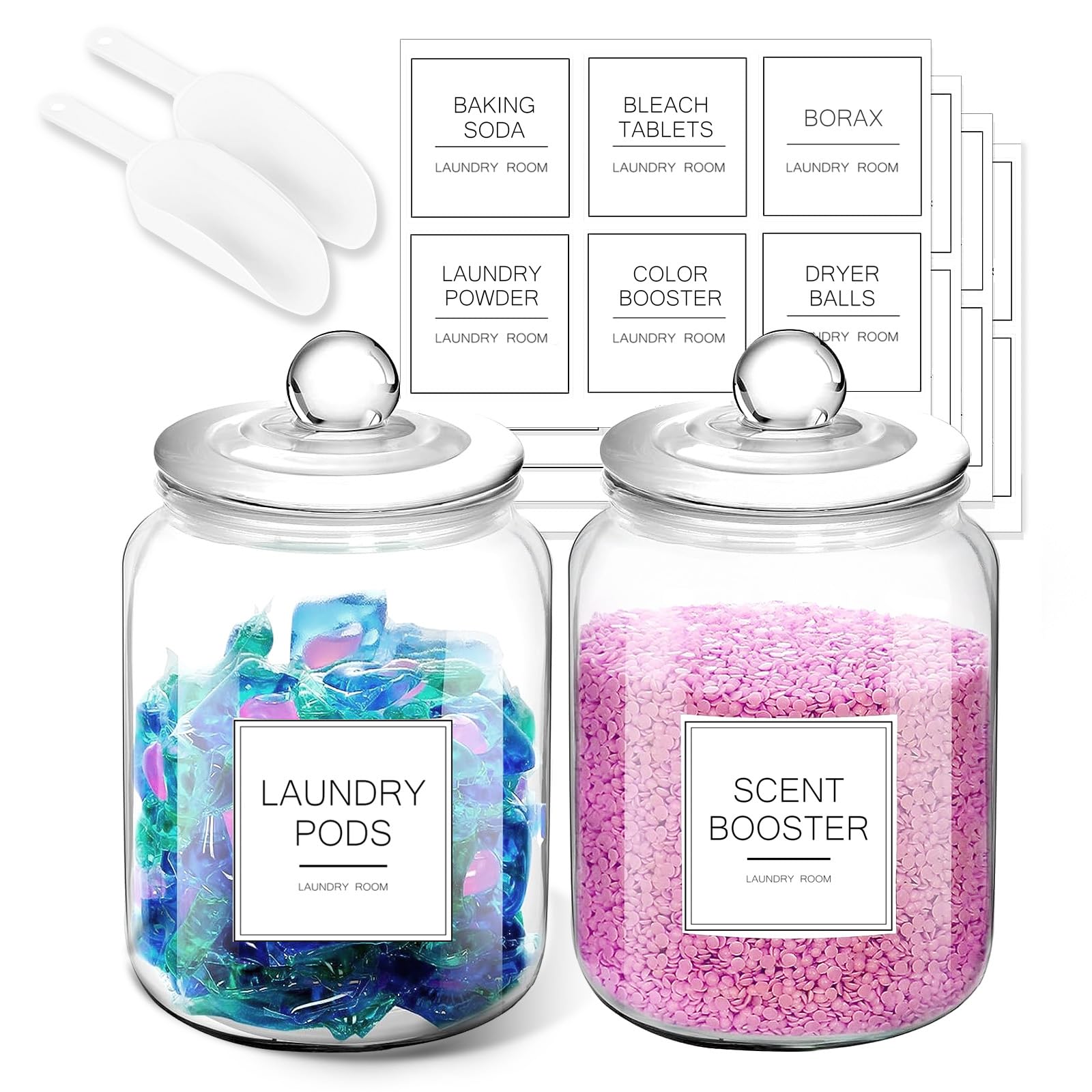 FyndraX Laundry Pods Glass Jars - Half Gallon Airtight Containers with Scoop and Labels for Organization and Storage Laundry Room Detergents Powder, Scent Booster Beads Holder, Set of 2