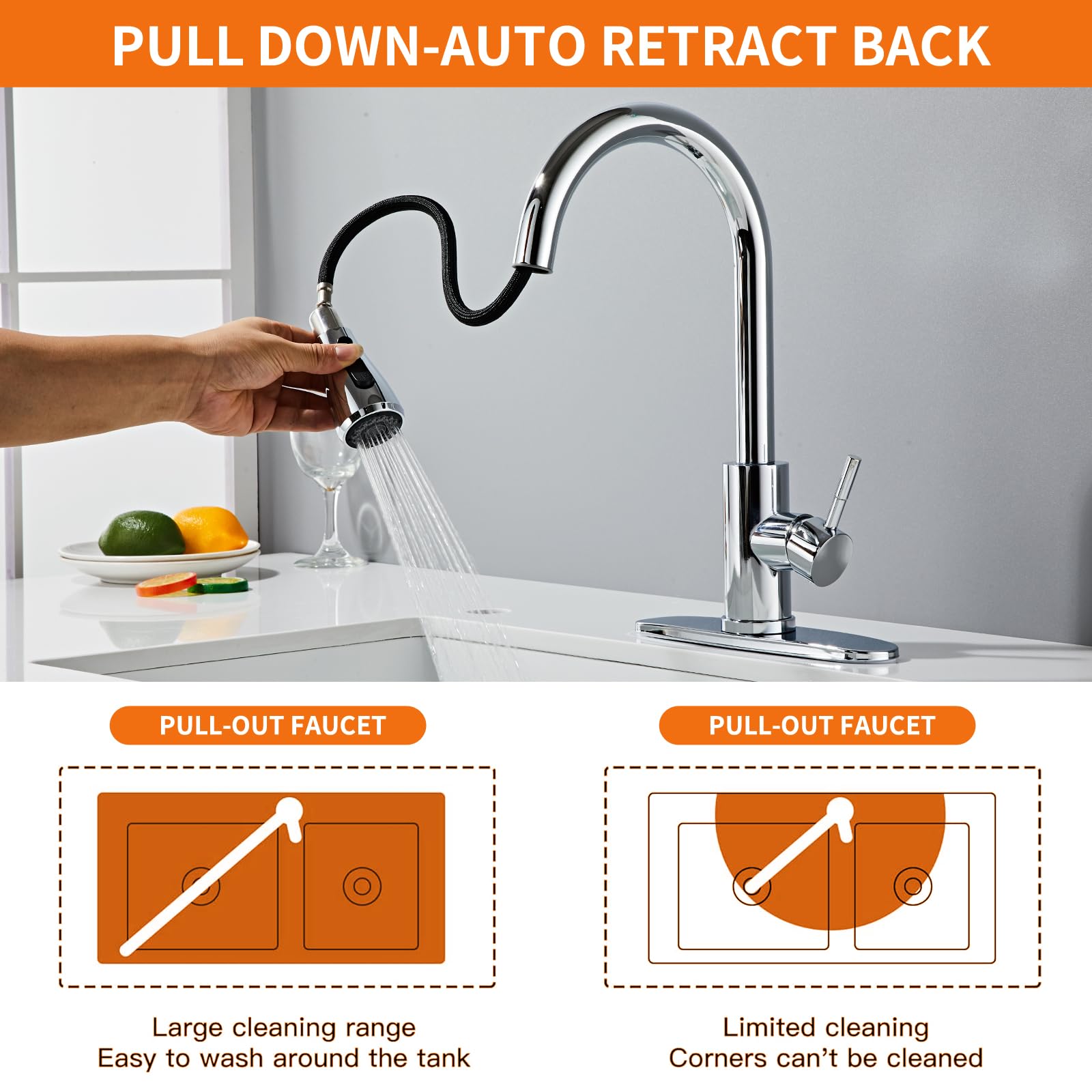 LOUEVIDO Kitchen Faucet with Pull Down Sprayer Chrome, High Arc Single Handle Sink Deck Plate, Commercial Modern RV Stainless Steel Faucets, Grifos De Cocina