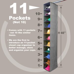 Perfect Curve 11-Pocket Closet Cap Organizer. 11 Shelf Hanging Closet Hat Organizer for Baseball Caps - Hat Storage For Up To 100 Caps - Baseball Hat Organizer - Gray