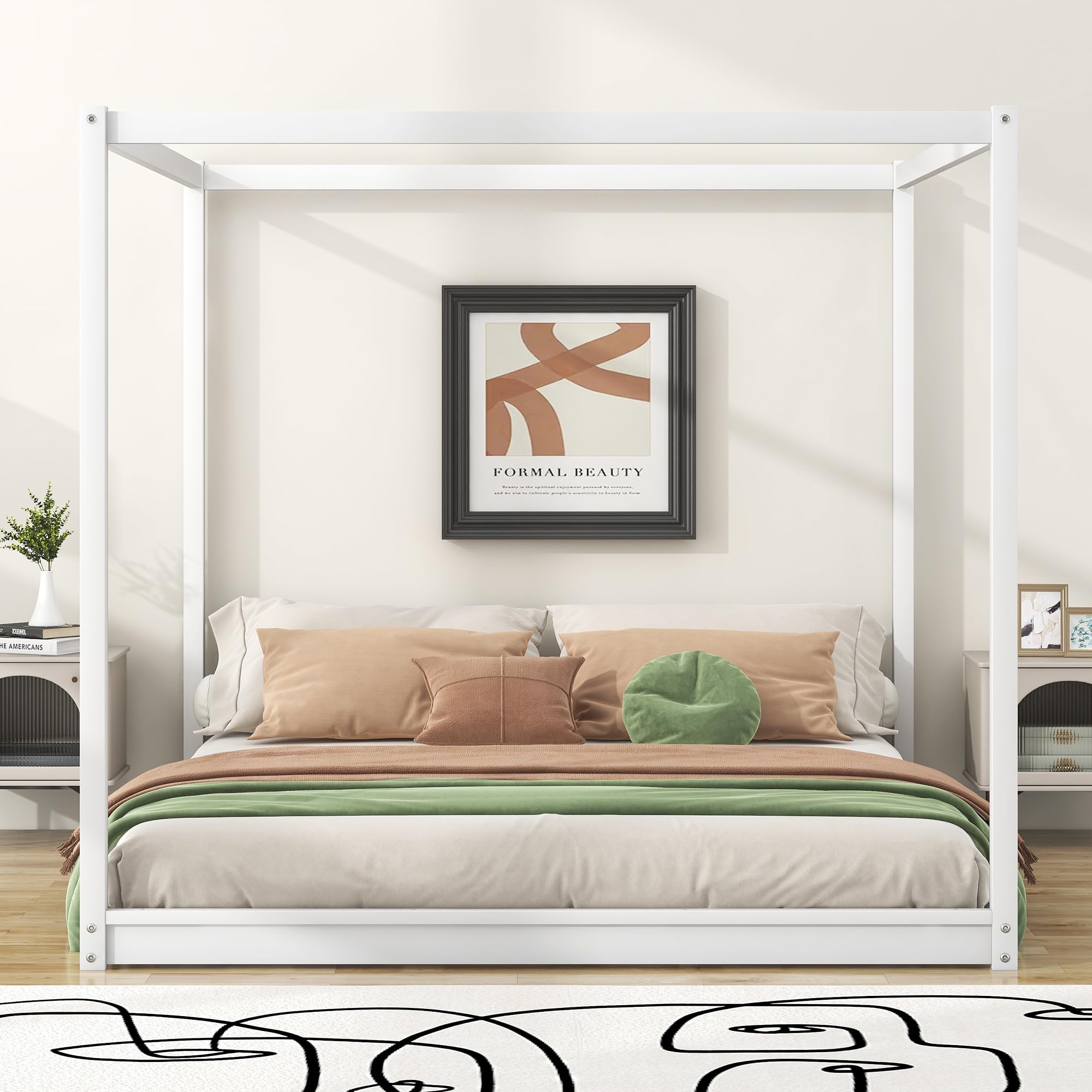 King Size Canopy Bed Frame, Wood Floor Bed with 4 Poster and Wooden Slats Support, No Box Spring Needed, White