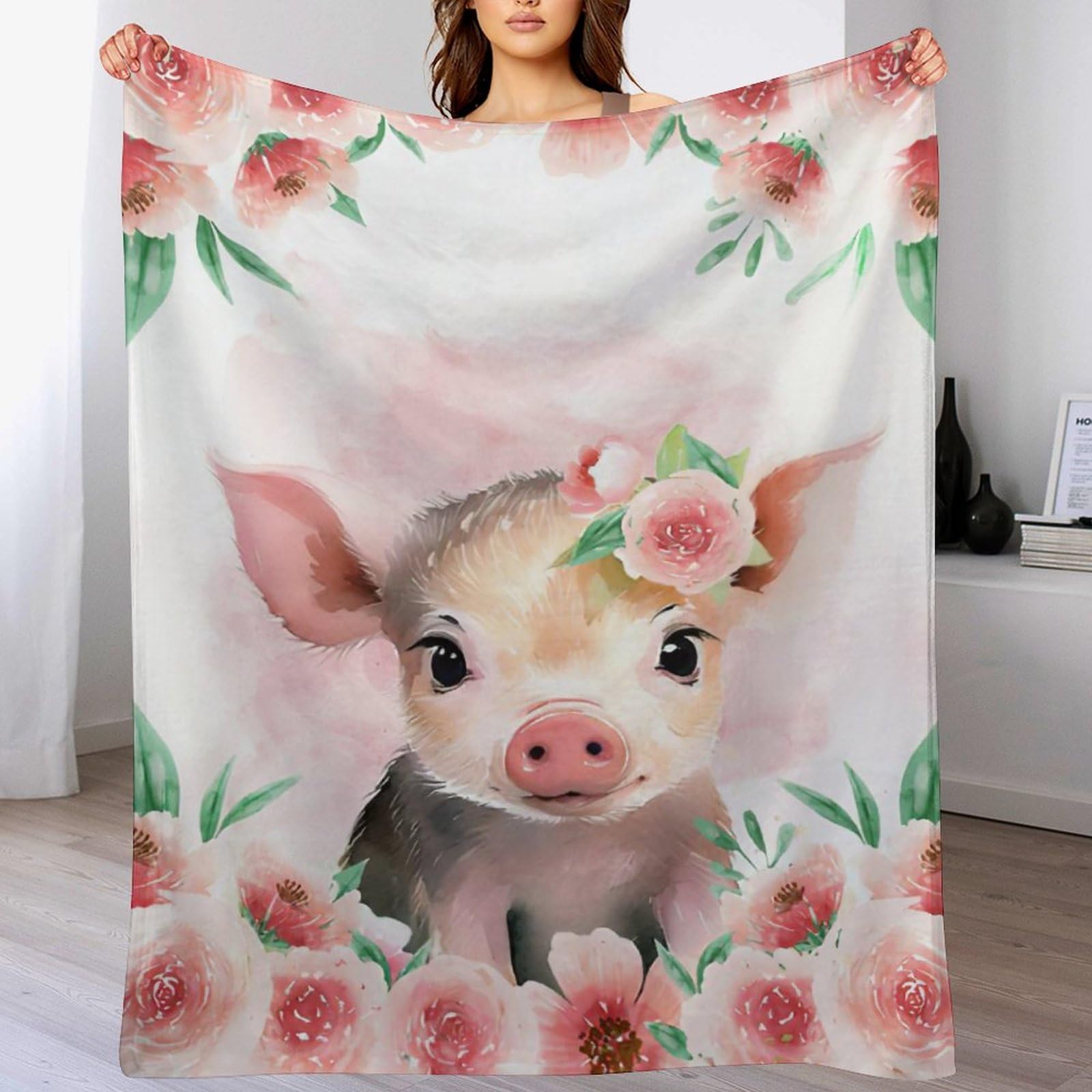 Floral Pig Blanket for Girl Boys Pink Pig Gifts Pig Blanket for Couch Sofa Bed Soft Warm Flannel Fleece for Kids Adult 40"x50"