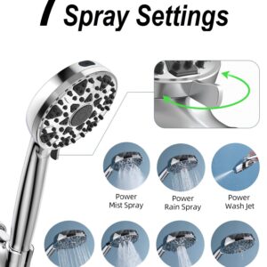 Diiwet Shower Head With Handheld 7 Settings High Pressure, Built-in Power Wash to Clear Tub, Tile & Pets, 5" High Powerful Hand Held Rain Showerhead with Stainless Steel Hose and Adjustable Bracket