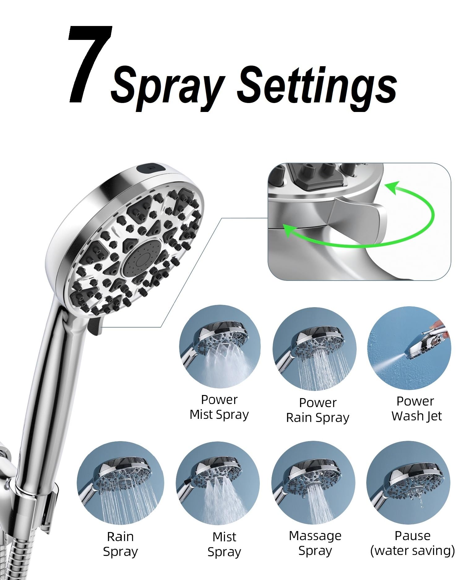 Diiwet Shower Head With Handheld 7 Settings High Pressure, Built-in Power Wash to Clear Tub, Tile & Pets, 5" High Powerful Hand Held Rain Showerhead with Stainless Steel Hose and Adjustable Bracket