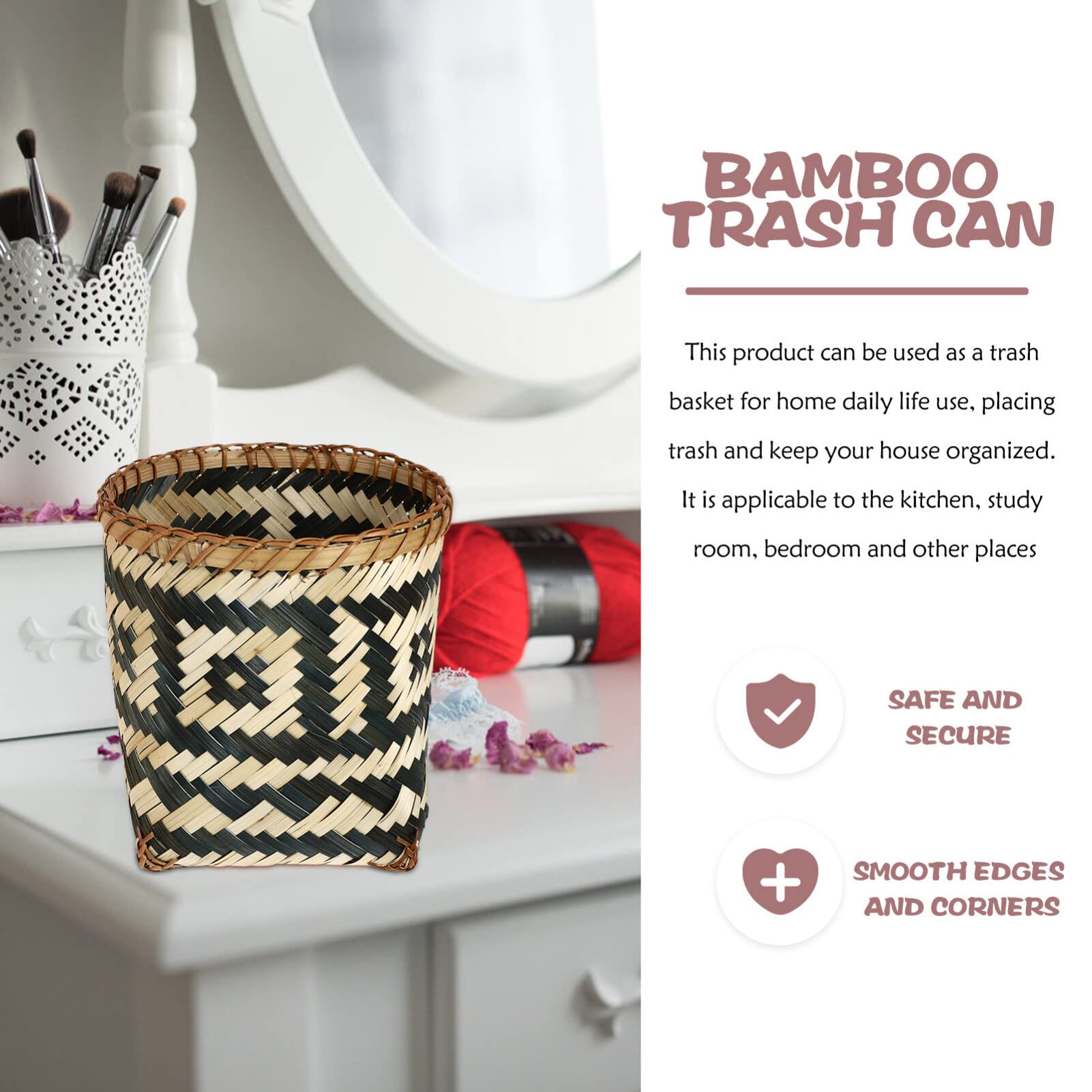 VOSAREA Bamboo Woven Trash Can Wicker Waste Basket Office Garbage Cans Round Waste Paper Bin Rubbish Basket Plant Flower Pot for Under Desk Bedroom Bathroom Home Office