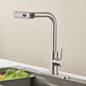 AVSIILE Kitchen Faucets with Pull Down Sprayer, Brushed Nickel Waterfall Touch Single Hole Handle Stainless Steel Kitchen Sink Faucet, Commercial Modern Faucets for Pull-Down Sprayer Kitchen Sinks