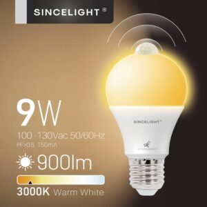 SINCELIGHT Motion Sensor LED Light Bulb 9W E26, PIR Motion-Activated in The Dark, Automatically ON/Off by Dual Sensors, Warm White 3000K, Pack of 2