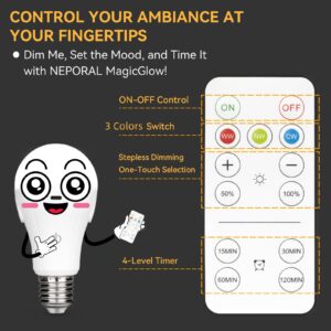 Neporal MagicGlow USB Rechargeable Light Bulbs with Remote, 3-Color Shift + 10%-100% Dimmable, Up to 20 Hours Battery Powered Light Bulb, 15W A19 LED Rechargeable Light Bulbs for Lamps with No Outlet