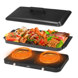 aewhale portable double electric burner with removable cast aluminium griddle pan non-stick,1800 w hot plate for cooking, independent temperature control for family party