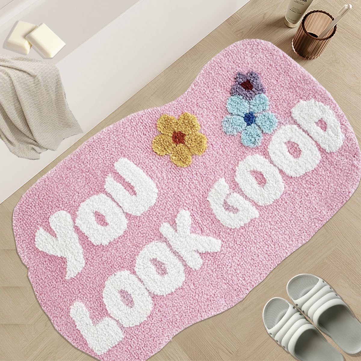 You Look Good Bath Mat Pink Bathroom Rugs Cute Funny Bathroom Decor Door Mat Microfiber Shower Bathtub Mat Non-Slip Washable Mat (31.49"x19.68", Pink)