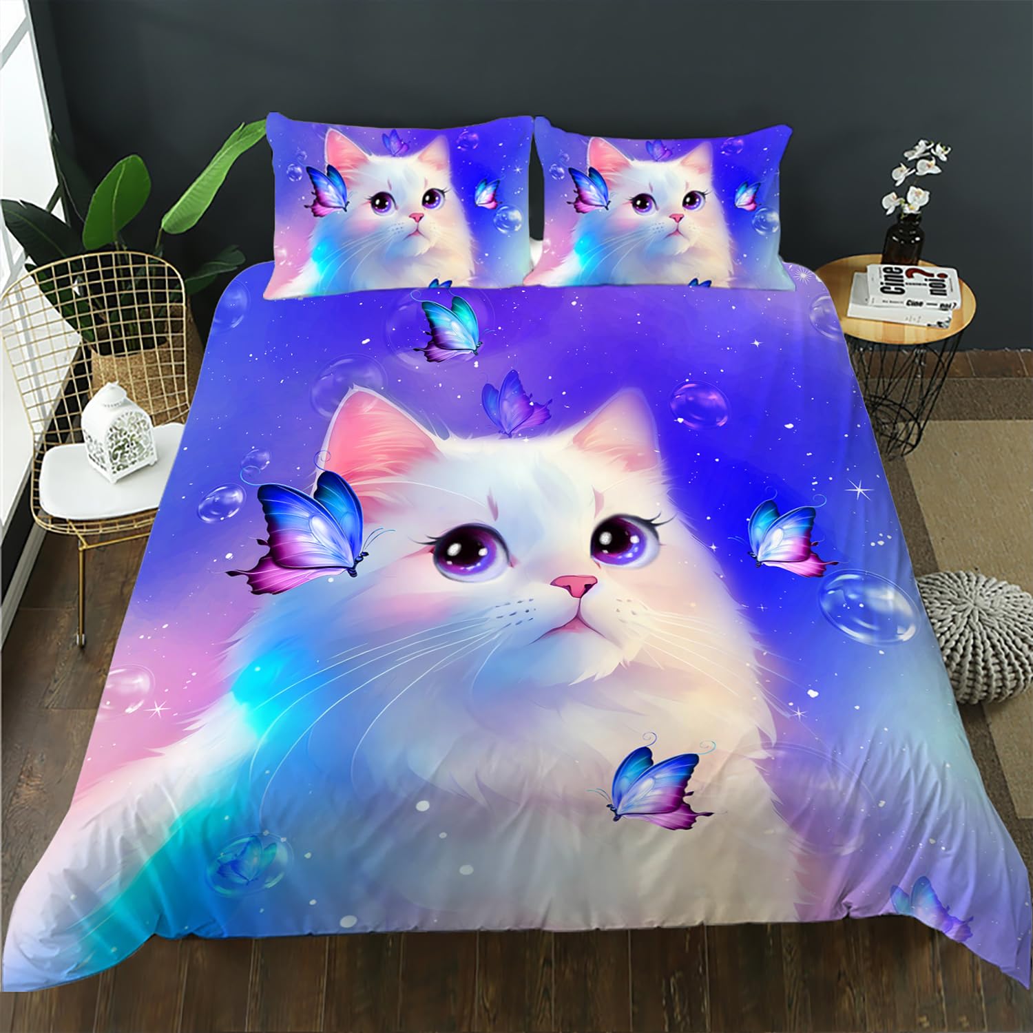 AILONEN Cat Pattern Duvet Cover Set King Size,Cat Lover Bedding Set, Butterfly Cat Comforter Cover Set,Boys Girls Pet Cat Duvet Cover Set 3 Pieces, 1 Duvet Cover and 2 Pillowcases