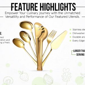 NEXNEOM Serving Utensils Set Gold 10-Piece - Stainless Steel Stunning Mirror-Finish, Lightweight, Dishwasher Safe - Includes Slotted Spoons, Forks, Tongs, Ladle, and Pie Server for buffet & parties