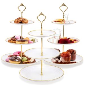 goaste 3 pack tiered cupcake stand, plastic cupcake stand tower, 3 tier round shape dessert serving tray, white cookie candy buffet stand for tea party, baby shower, wedding, birthday, christmas