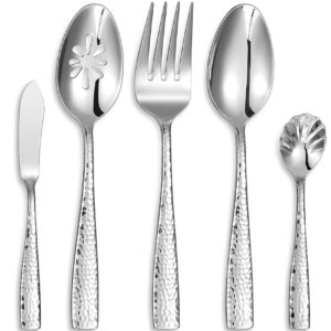 keawell premium louis hammered serving spoons, 18/10 stainless steel, fine spoon set with squared edge, dishwasher safe, silver serving utensils (hostess serving utensil set)