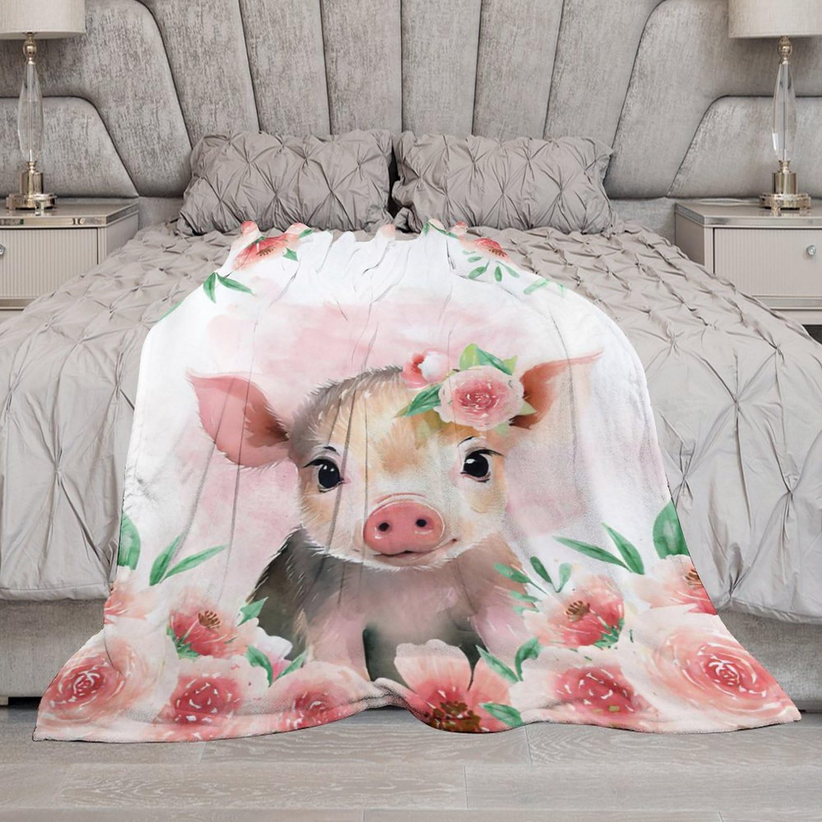 Floral Pig Blanket for Girl Boys Pink Pig Gifts Pig Blanket for Couch Sofa Bed Soft Warm Flannel Fleece for Kids Adult 40"x50"