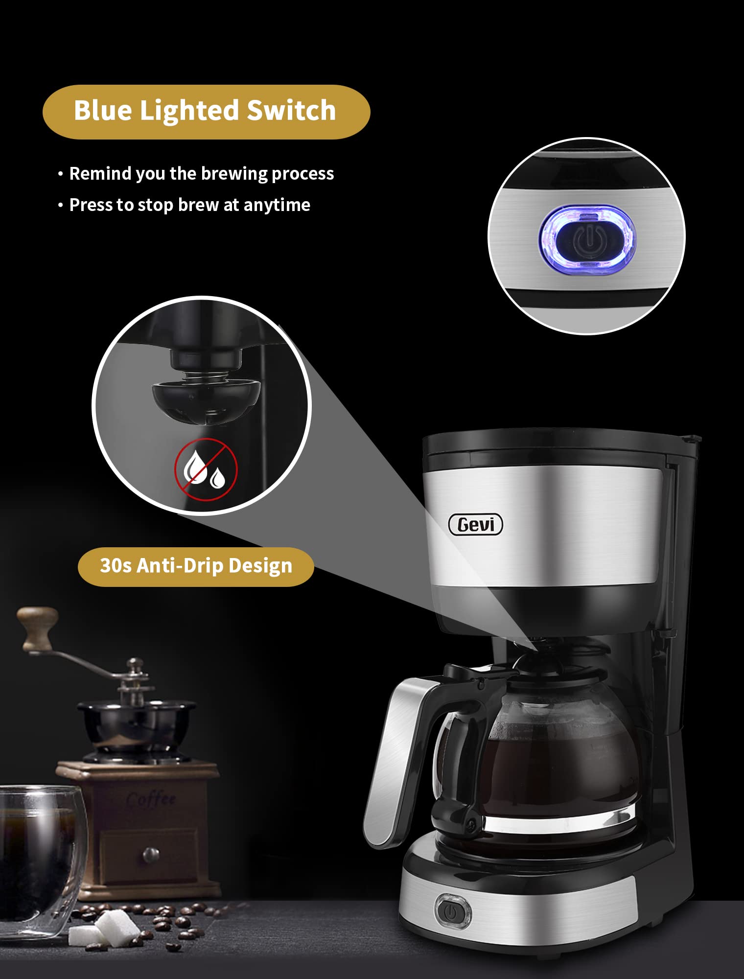 Gevi 4-Cup Coffee Maker with Auto-Shut Off, Small Drip Coffeemaker Super Automatic Espresso Machines Compact Coffee Pot Brewer Machine with Cone Filter, Glass Carafe and Hot Plate