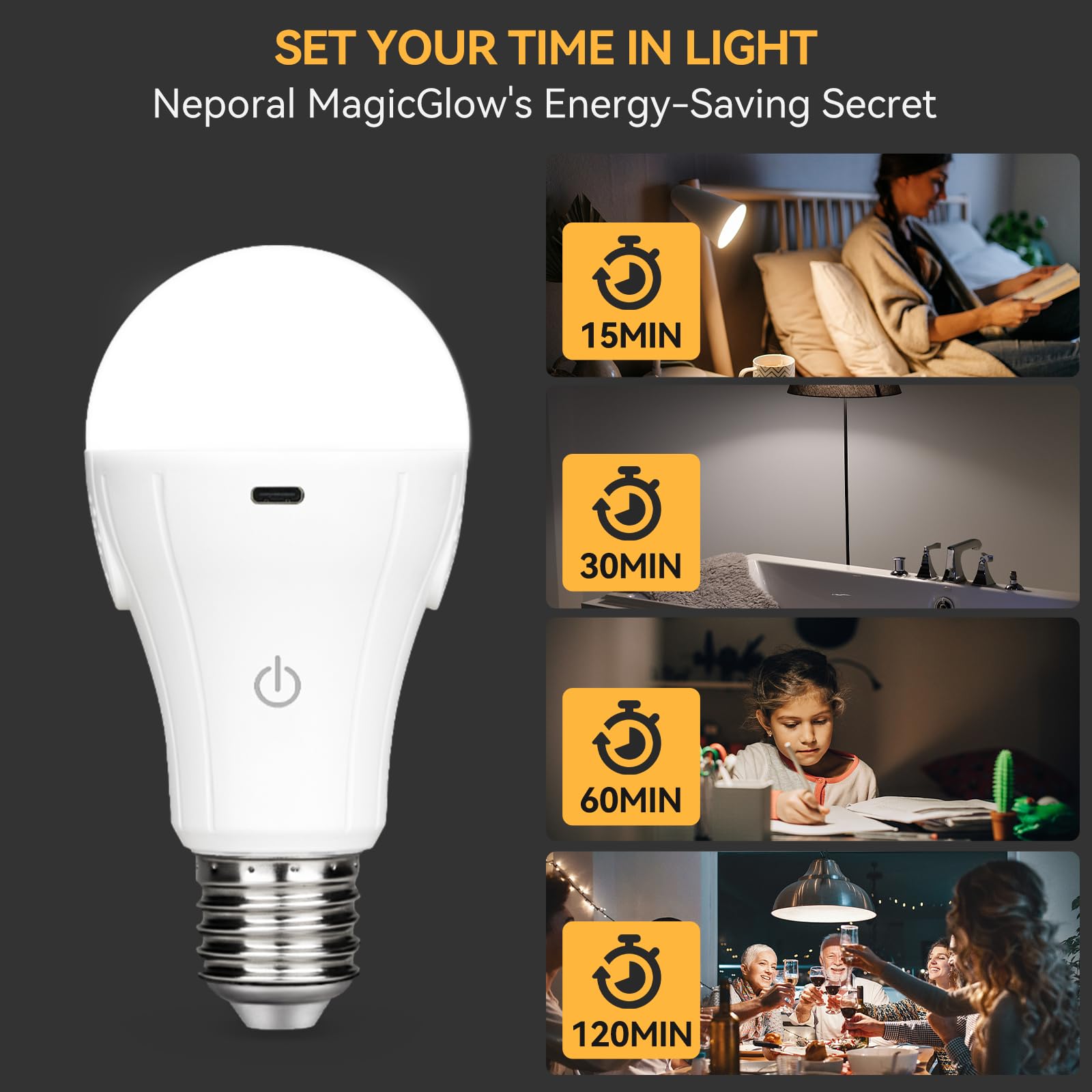 Neporal MagicGlow USB Rechargeable Light Bulbs with Remote, 3-Color Shift + 10%-100% Dimmable, Up to 20 Hours Battery Powered Light Bulb, 15W A19 LED Rechargeable Light Bulbs for Lamps with No Outlet