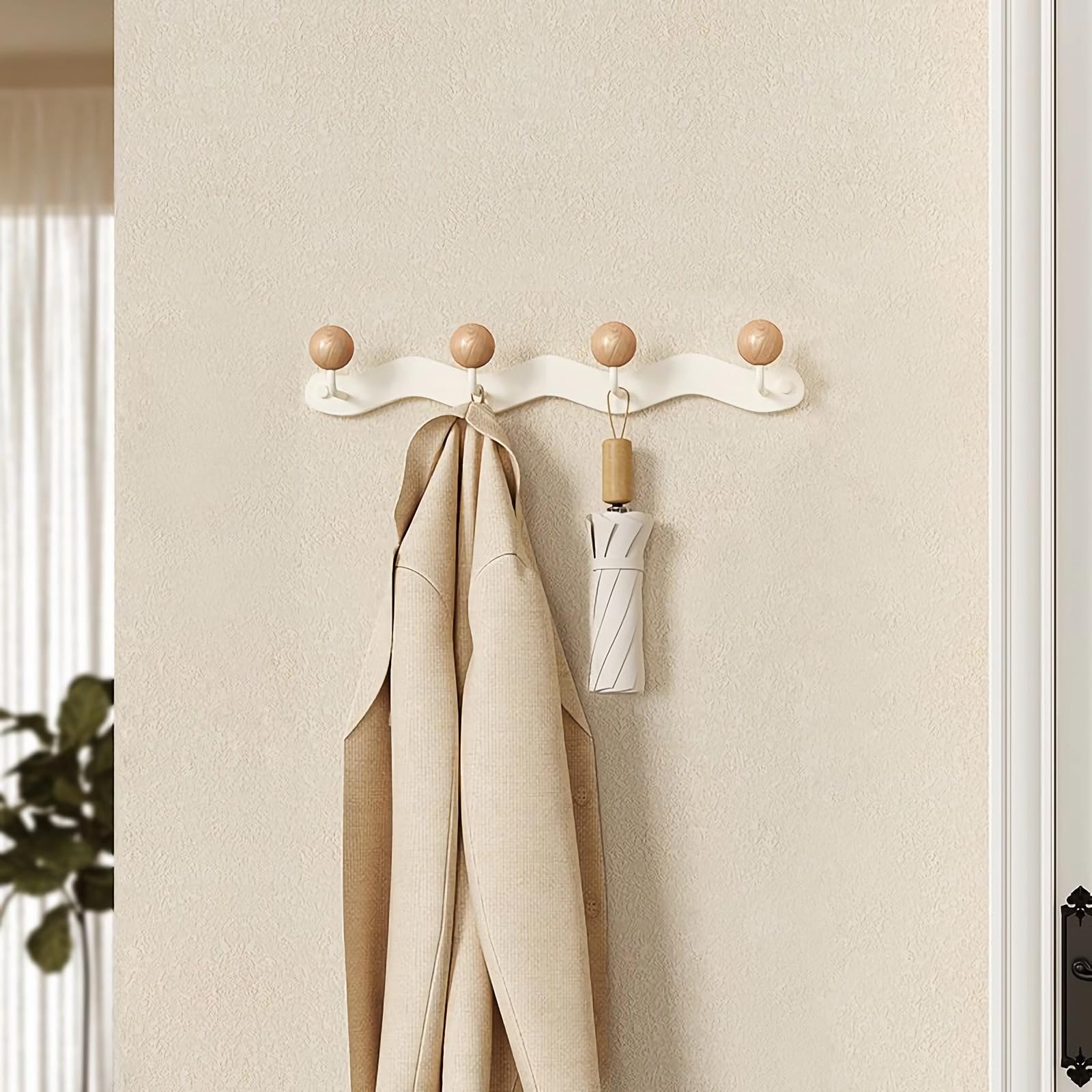 Nolbiph Coat Rack Wall Mount,White Wall Hooks Adhesive & Screw in,Anti-Tear Wooden Ball Hook Rail, Heavy Duty Metal Coat Hanger Wall Mount for Entryway, Bathroom, Bedroom, Kitchen1PACK (4-tri Hooks)