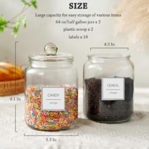 FyndraX Half Gallon Large Glass Jars with Lids, Airtight Storage Clear Containers for Cookie, Candy, Flour, Sugar, Coffee, Food Organization Canisters for Kitchen, Laundry Room and Pantry, Set of 2