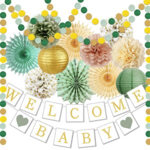 sage green baby shower decorations welcome baby banner olive green gold tissue pom poms, paper flower, paper lanterns, for boy girl neutral gender reveal baby shower decor