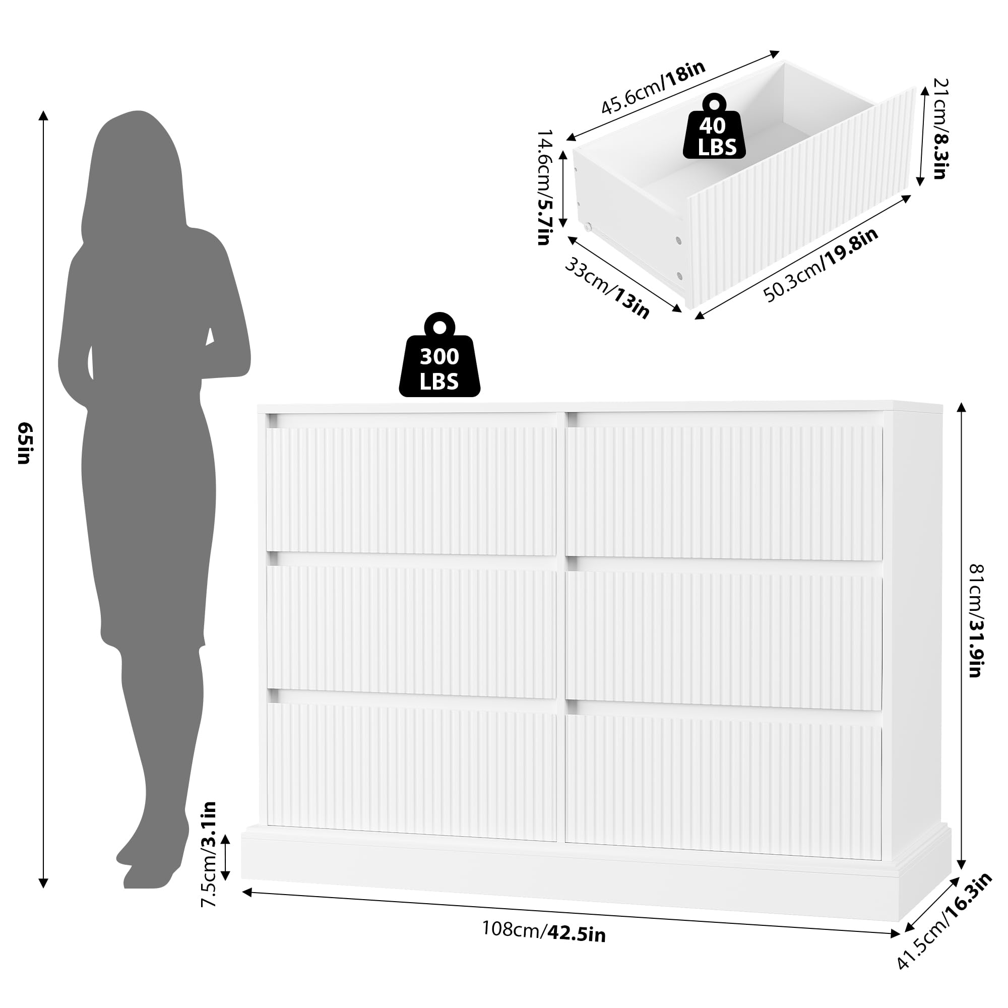 HOSTACK White Dresser for Bedroom, Modern 6 Drawer Dresser, Double Dresser Chest of Drawers with Wavy Pattern | Handleless Drawers, Wood Storage Dresser Cabinet for Living Room, Hallway, Entryway