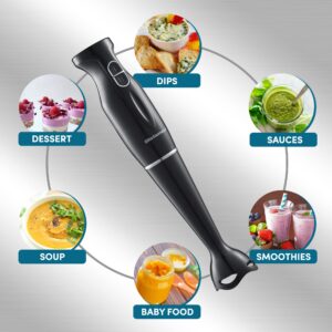 Elite Gourmet EHB3201 Immersion Hand Blender 300 Watts 2 Speed Mixing with Detachable Blades, Detachable Wand Stick Mixer, Smoothies, Baby Food, Soup, Charcoal Black