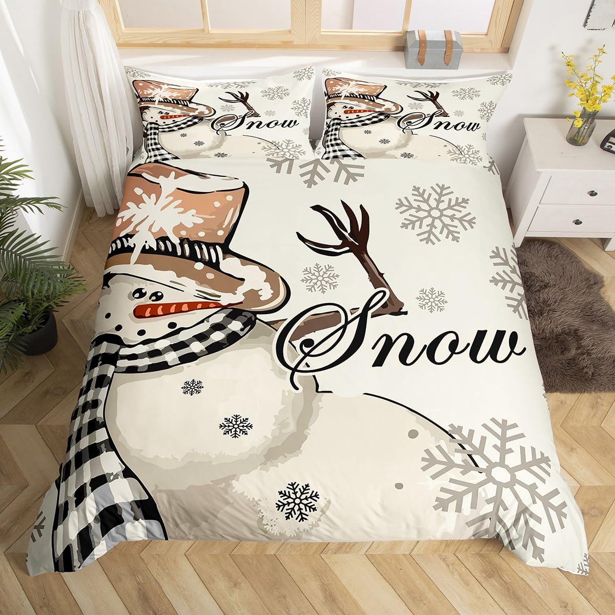 jejeloiu Christmas Bedding Set for Kids Boys Girls Snowman Comforter Cover Set Queen Size Snowflake New Year Decor Duvet Cover Bedroom Decor Xmas Bedspread Cover Bedding Collection 3Pcs